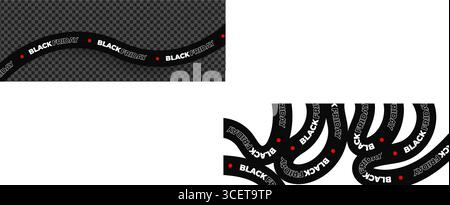 Black wavy ribbon with repeating Black Friday text and red dots creates a dynamic retail promotion tape for urgent marketing use.  Stock Vector