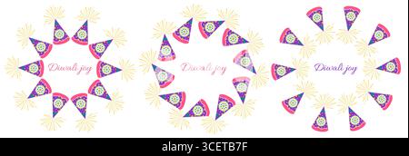 Diwali celebration frames set with fireworks and text in flat style. Deepavali vector illustration for print and online projects Stock Vector