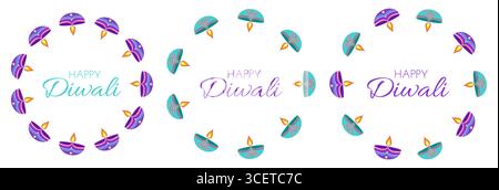 Diwali celebration frames set with diyas and text in flat style. Deepavali vector illustration for print and online projects Stock Vector