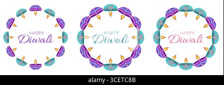 Diwali celebration frames set with diyas and text in flat style. Deepavali vector illustration for print and online projects Stock Vector