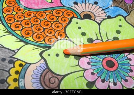 Orange colored pencil lying on a colored mandala drawing Stock Photo