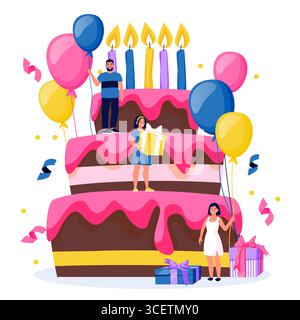 Tiny people standing on big birthday cake. Vector illustration of man and woman with gift boxes and air balloons. Concept for party poster, holiday ca Stock Vector