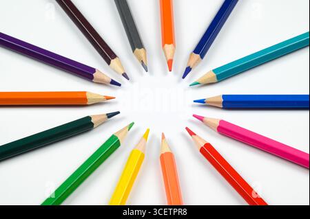 Multicolored pencils i on a white background, laid out in the shape of a circle with a space for copying in the center.Top view.The concept of creativ Stock Photo