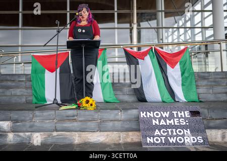 CARDIFF, WALES - JULY 16: A protest outside the Senedd where the names of 20,000 dead children were read out on July 16, 2025 in Cardiff, Wales. Stock Photo