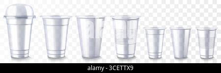 Set of disposable plastic cup with sphere dome lid isolated on transparent background. Transparent glossy cup for cold drinks such as soda, sparkling Stock Vector