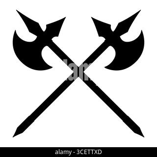 Crossed Medieval axes vector icon. Black silhouette battle axe isolated on white background. Fighting axe of the Viking. Flat design. Stock Vector