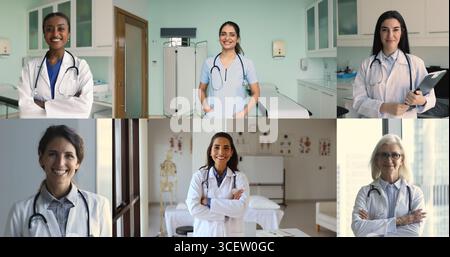 Collage of doctors in coats, standing confidently with arms crossed Stock Photo