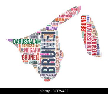 Brunei country shape word cloud. Typography style country illustration. Brunei image in text cloud style. Vector illustration. Stock Vector