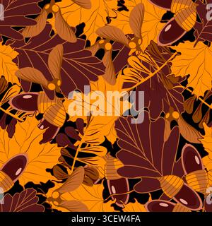 Autumn leaves and acorns seamless botanical pattern vector illustration Stock Vector