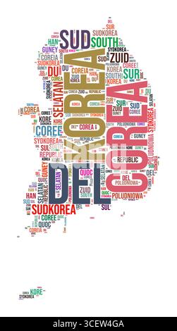 South Korea country shape word cloud. Typography style country illustration. South Korea image in text cloud style. Vector illustration. Stock Vector