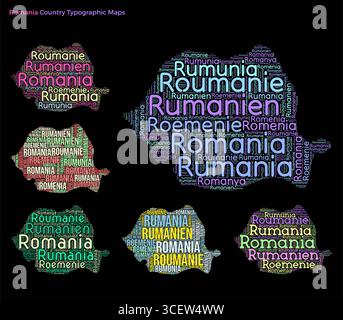 Romania. Set of typography style country illustrations. Romania map shape build of horizontal and vertical country names. Vector illustration. Stock Vector