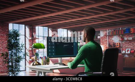 Remote worker uses conversational AI bot to help solve daily tasks, chatting with machine learning powered chatbot to generate data responses. Efficiency with AI assistant tool. Camera B. Stock Photo