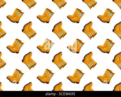 Seamless pattern with yellow rubber boots on white background. Autumn shoes. Cartoon vector background Stock Vector