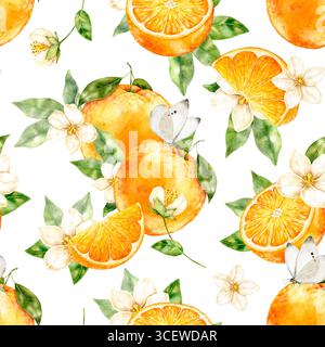 Seamless watercolor pattern with oranges, slices, blossoms and green leaves on white background. Bright tropical citrus design for textile, wrapping p Stock Photo
