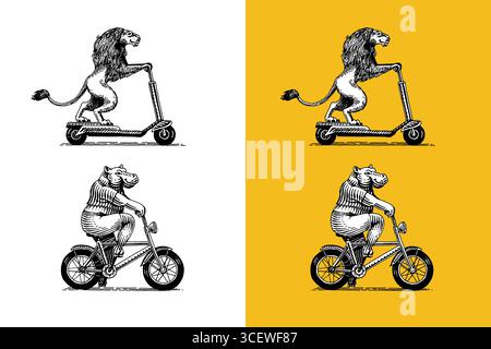 Lion on a scooter and hippo on bicycle. Animal characters on vehicle. Modern concept in vintage look. Hand drawn engraving, woodcut style for sport Stock Vector