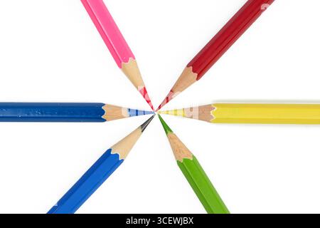 Colored pencils in red, blue, green, yellow, pink, and more are arranged in a star shape on a white background, showcasing vibrant art supplies for cr Stock Photo