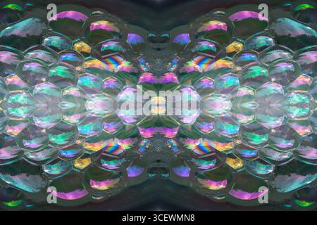 Kaleidoscopic montage of patterns on a soap bubble showing light interference patterns. The pattern and colours on the surface of the bubble are caused by light reflecting from both the front and back of the soap film. The thickness of the film varies across the surface of the bubble, affecting the wavelength of incident white light. Certain wavelengths of white light are extinguished, producing the colour interference pattern seen here. Stock Photo