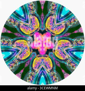 Kaleidoscopic montage of patterns on a soap bubble showing light interference patterns. The pattern and colours on the surface of the bubble are caused by light reflecting from both the front and back of the soap film. The thickness of the film varies across the surface of the bubble, affecting the wavelength of incident white light. Certain wavelengths of white light are extinguished, producing the colour interference pattern seen here. Stock Photo
