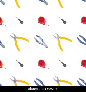 Colorful tool pattern featuring pliers, screwdrivers, and measuring tapes on white background Stock Vector