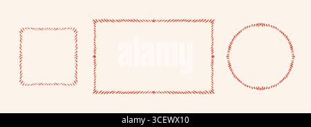 Hand drawn striped frame set. Red dashed edge border collection. Circle, rectangle and square doodled scalloped box bundle for invitation template, poster, banner. Sketched cadre pack. Vector Stock Vector