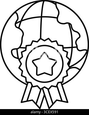 A black and white drawing of a globe with a star on it. The globe is surrounded by a ribbon, and the star is in the center of the ribbon. The drawing Stock Vector