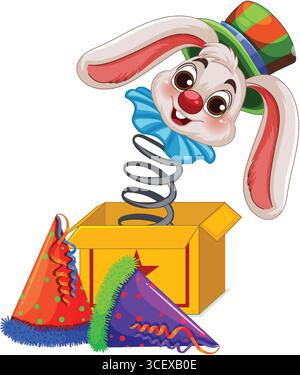 Vector illustration of a cheerful bunny jack-in-the-box wearing a clown hat, surrounded by colorful party hats, with bright, playful colors and clean Stock Vector