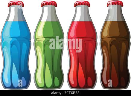 Vector illustration of four glass soda bottles in blue, green, red, and brown, with glossy highlights and bold, vibrant colors Stock Vector