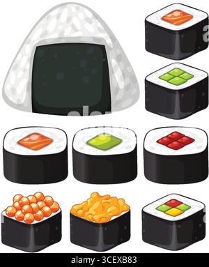Colorful vector illustration of various sushi rolls and onigiri, presented in a clean, flat style with bold outlines and vibrant colors Stock Vector