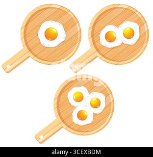 Vector illustration of single, double, and triple fried eggs in round wooden frying pans, viewed from above with soft shadows and flat colors Stock Vector