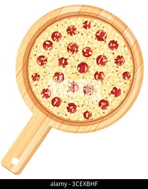 Vector illustration of a pepperoni pizza with melted cheese and herbs, presented on a round wooden board, viewed from above with bright colors Stock Vector