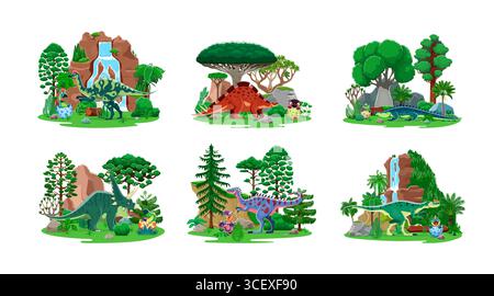 Mother dinosaurs with kids in egg shell. Cartoon vector dino characters in lush prehistoric jungle scenes. Mom reptiles and their hatching babies in vibrant natural habitats of ancient Jurassic era Stock Vector