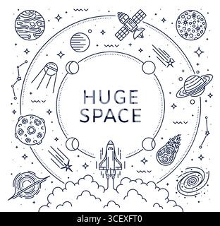 Line solar system galaxy landscape with space rocket starts to alien planets. Vector linear launching shuttle, moon phases, meteor, comet, satellite and galaxies arranged in circular monochrome layout Stock Vector