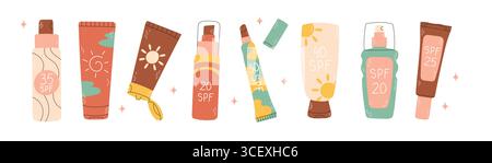 Set of sunscreen cosmetic bottles with SPF Stock Vector