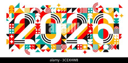 2026 new year banner. Vibrant geometric typography created from colorful abstract shapes and patterns in red, yellow, black, turquoise or white. Vector festive calendar number date with retro elements Stock Vector