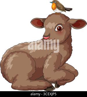 Vector illustration of a brown lamb lying down with a robin perched on its head, rendered in a playful, colorful cartoon style Stock Vector