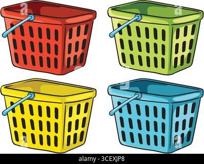 Four shopping baskets in red, green, yellow, and blue, illustrated in a bold cartoon vector style with clean lines and bright colors Stock Vector