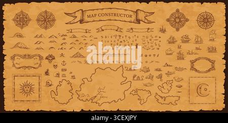 Vintage pirate map constructor, vector set of elements on aged parchment background for treasure hunt, exploration and fantasy adventure. Compass roses, sea monsters, sailing ships, skulls and islands Stock Vector
