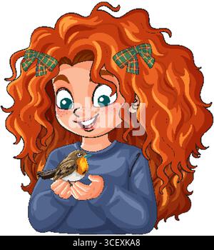 Cartoon-style vector illustration of a cheerful red-haired girl with green bows, holding a robin bird gently in her hands, white background Stock Vector