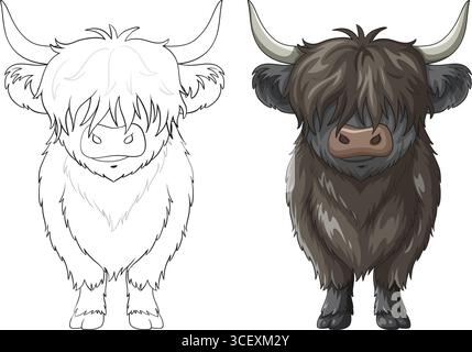 Cartoon-style Highland cow shown in full color and matching outline, front-facing, with detailed fur texture and soft neutral tones Stock Vector