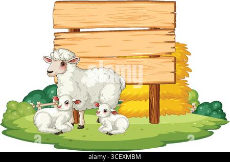 Vector illustration of a mother sheep with two lambs on green grass, wooden signboard background, bright colors, cartoon style, outdoor farm setting Stock Vector