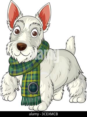 White Scottish Terrier cartoon with expressive eyes and green tartan scarf, isolated on white background in clean, colorful vector style Stock Vector