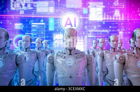 Ai technology with 3d rendering group of humanoid robots with hud graphic interface Stock Photo
