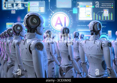 Ai technology with 3d rendering group of humanoid robots with hud graphic interface Stock Photo