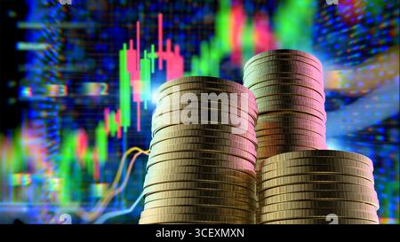 Gold price rising concept with 3d rendering stack of gold coins on business graph background Stock Photo