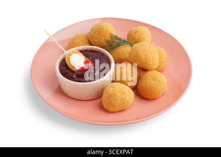 Plate with delicious fried mozzarella balls and sweet sauce on white background Stock Photo