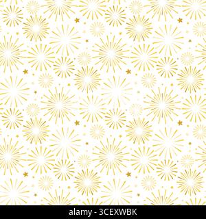 Seamless pattern of exploding golden fireworks. Festive salutes on white background. Festive explosions of fireworks print, vector graphic Stock Vector