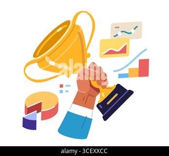 Businessman holding trophy. Award in hand. Success and achievement in business, financial investments Stock Vector