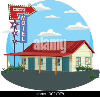 Vector illustration of a vintage roadside motel with a red roof, classic vacancy sign, and blue sky background in flat cartoon style Stock Vector