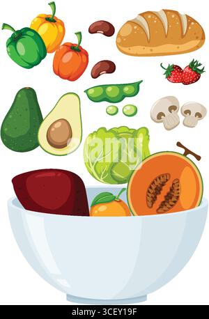 Colorful vector illustration of assorted vegetables, fruits, and bread pieces dropping into a white bowl, with clean lines and flat design style Stock Vector