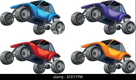 Vector illustration of four stylized off-road buggy cars in blue, purple, red, and orange, shown in dynamic side view with exaggerated wheels Stock Vector
